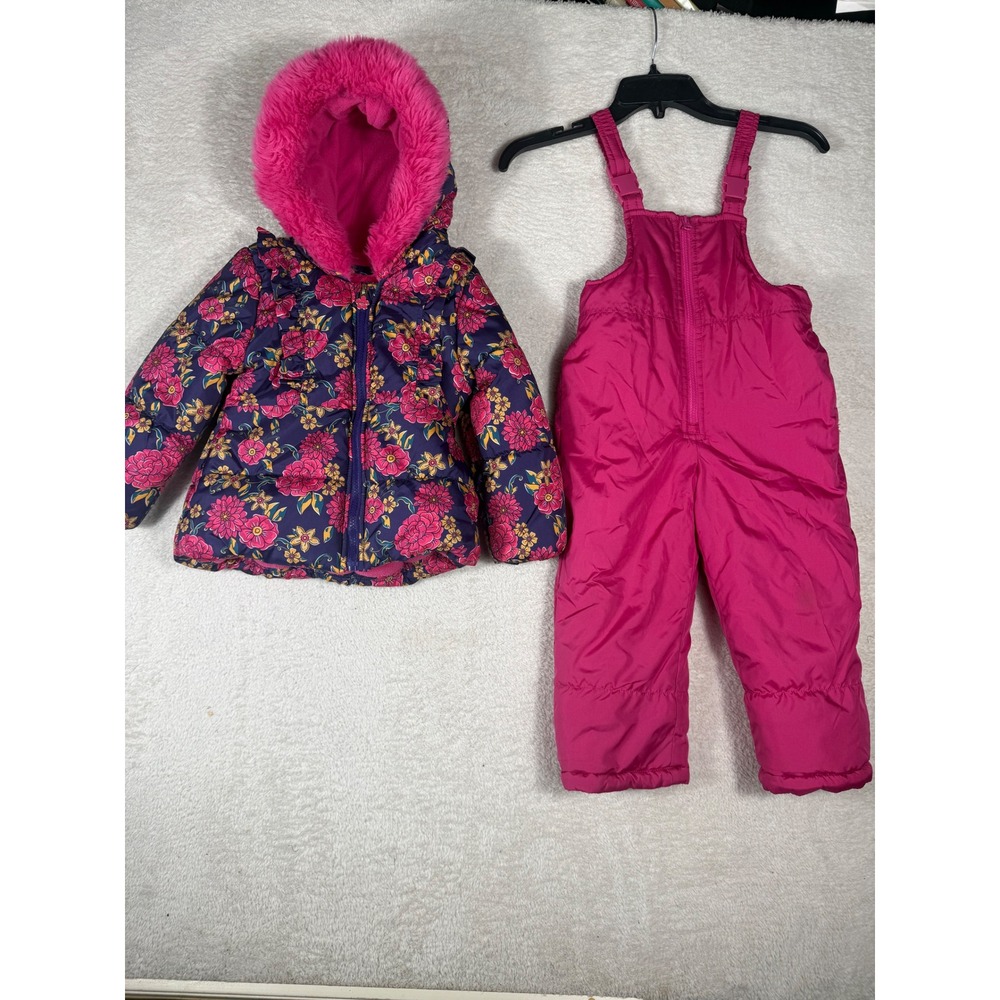 London Fog Snowsuit Toddler Girls 3T Pink Navy Floral 2pc Set Good Faux Fur Hood